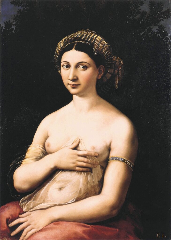 Raphael, La Fornarina, 1518–1519, Galleria Nazionale d'Arte Antica, Rome, Italy.