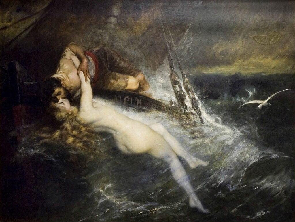 A dramatic sea image of a sailor and a pale siren clinging to the sailor.