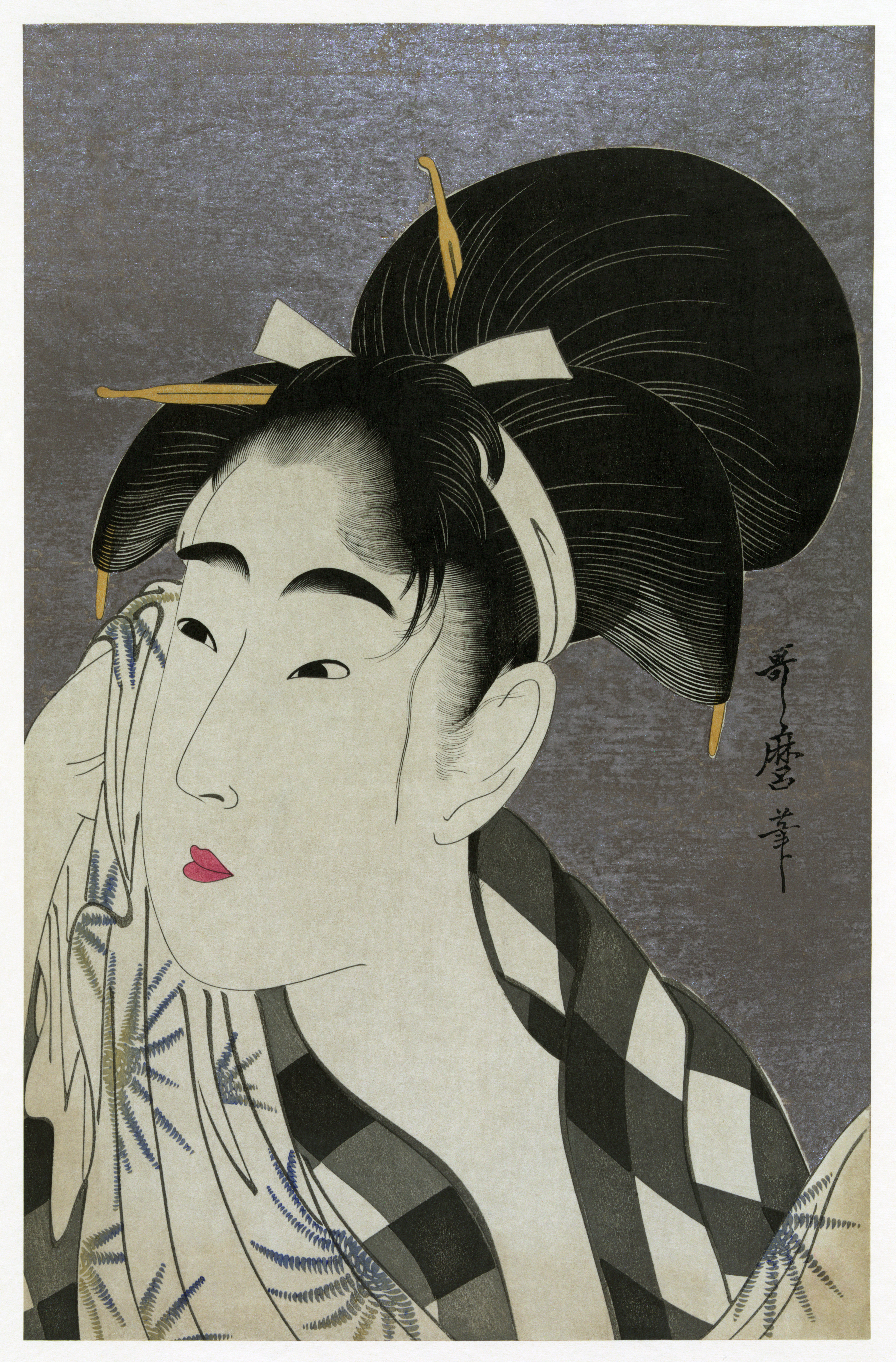 Edo Period: Kitagawa Utomaru, Ase o fuku onna (Woman wiping sweat), 1798, printed between 1918 and 1923, Library of Congress, Washington, DC, USA. Wikimedia Commons (public domain).
