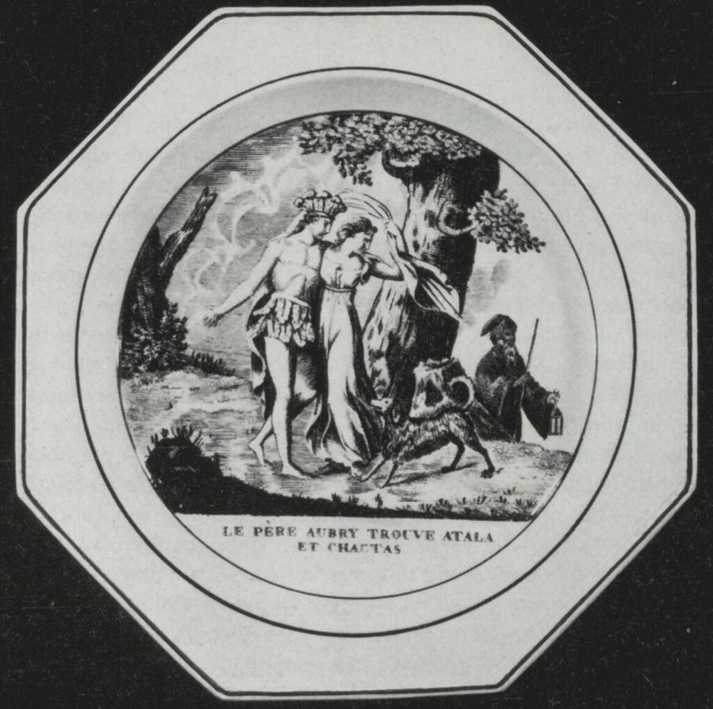 Atala: Plate with scene from Atala by Chateaubriand and inscription saying Le père Aubry trouve Atala et Chactas, 1st half 19th century. IADDB.
