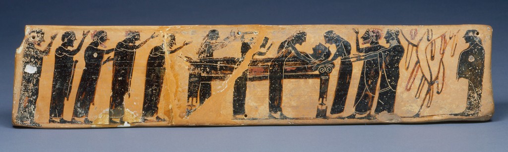 Ioanna Sakellaraki: Plaque showing Prothesis Scene representing the Mourning of the Deceased, c. 560-550 BCE, Louvre, Paris, France. Artstor.
