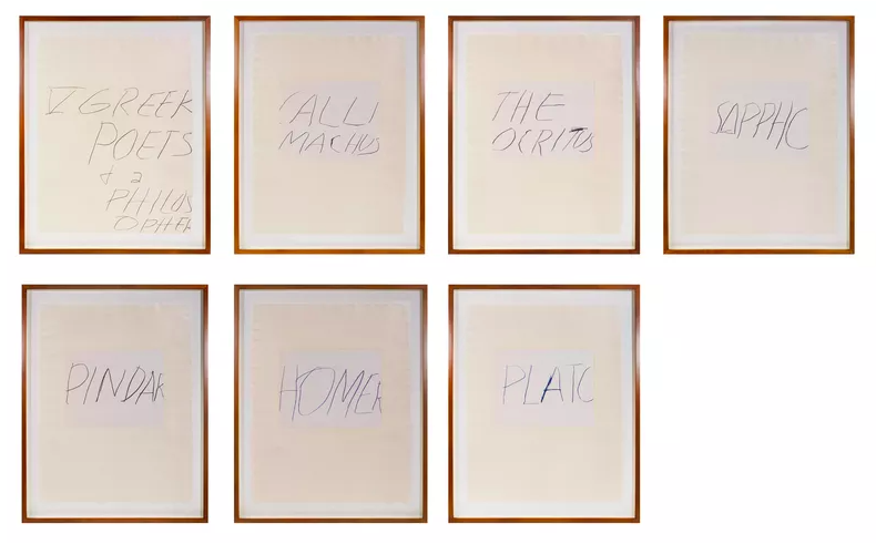 jeff koons cy twombly: Cy Twombly, Five Greek Poets and a Philosopher, 1978, lithographs with embossment on Richard de Bas mould-made paper. Artsy.
