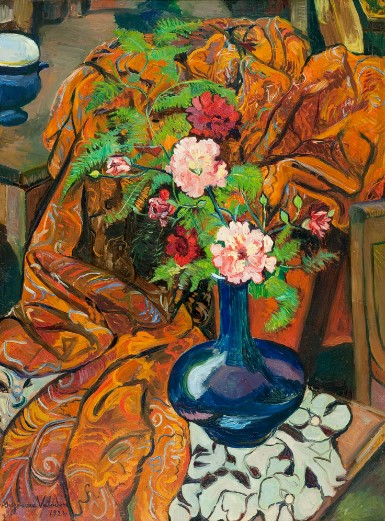 Suzanne Valadon Barnes Foundation: Still life scene with a patterned orange blanket and a blue vase with pink flower on top of a light green covered table.,