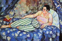 Suzanne Valadon Barnes Foundation: A white woman lays on a bed wearing a pink camisole and green and white striped pants. She has an unlit cigarette in her mouth and books at her feet. The bed curtains behind her are open and have a blue and white pattern, as does the bed spread.