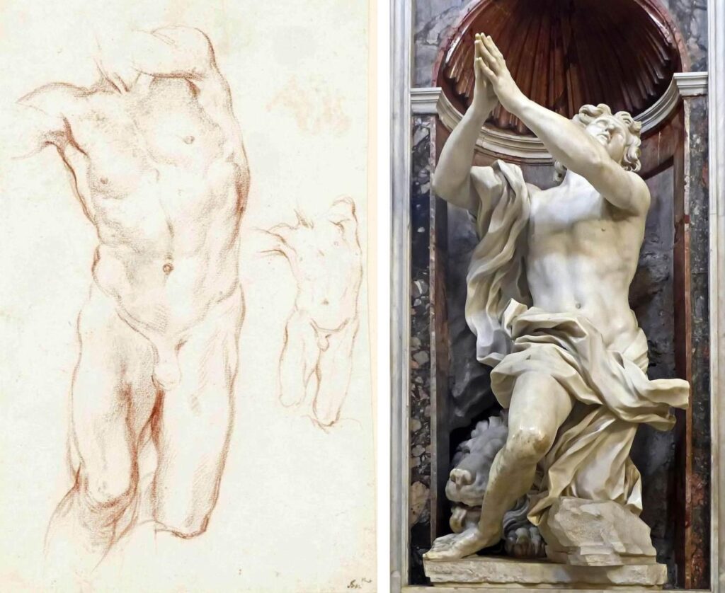 Left: Gian Lorenzo Bernini, Studies for Daniel, c. 1655, Museum der Bildenden Künste, Leipzig, Germany. Right: Gian Lorenzo Bernini, Daniel and the Lion, 1655–1661, Santa Maria del Popolo, Rome, Italy. 