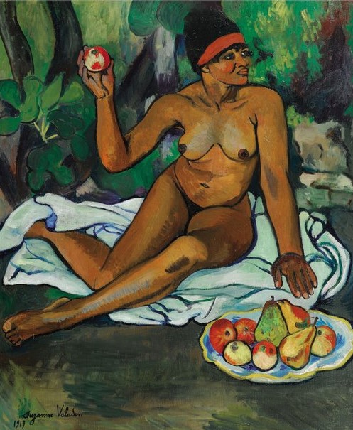 Suzanne Valadon Barnes Foundation: A nude Black woman with a red headscarf sitting on a white blanket outside. She holds an apple in one hand and a plate of apples and pears next to her.