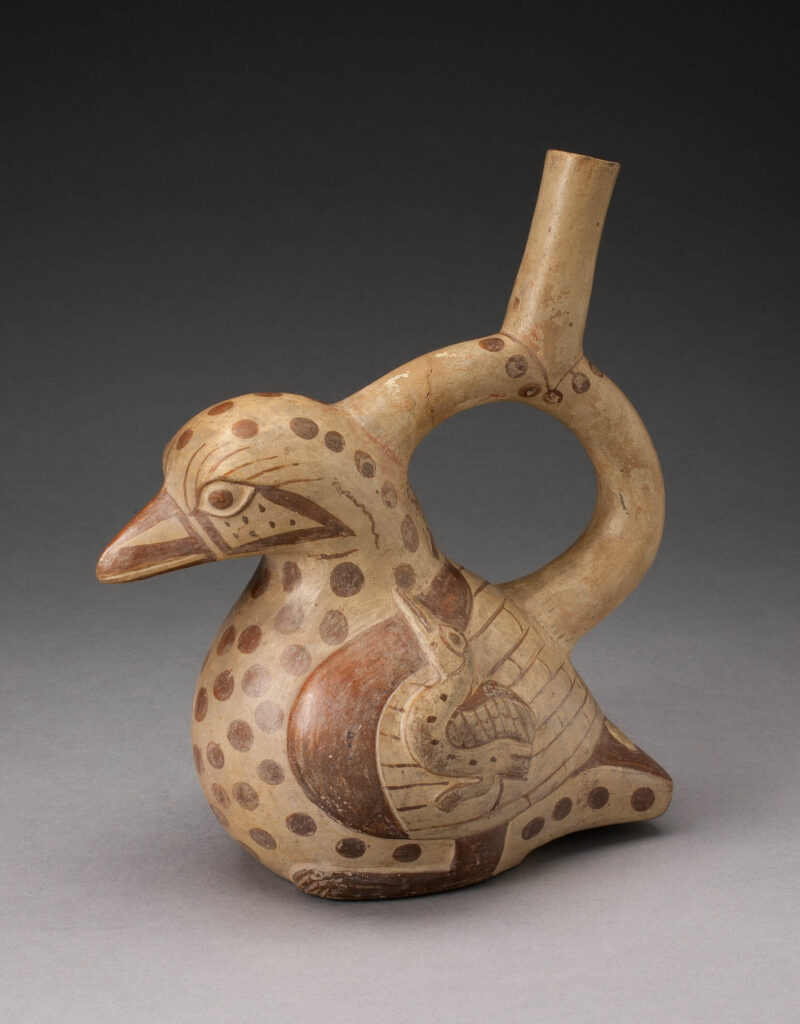 birds in art: Vessel in the Shape of a Bird, 100 BCE/500 CE, Moche, Trujillo, north coast, Peru, ceramic and pigment, Art Institute of Chicago, IL, USA.
