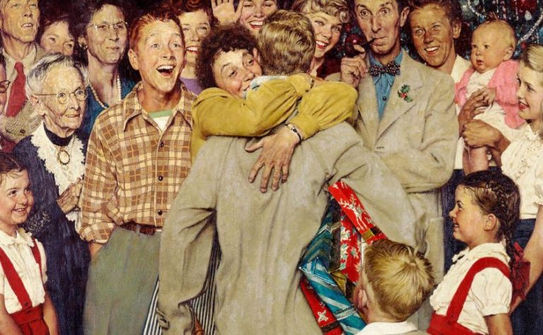 Christmas in Art: Norman Rockwell, Christmas Homecoming, 1948, cover illustration for The Saturday Evening Post, 1948. Detail.

