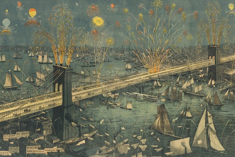 fireworks in painting: A. Major, Bird’s-Eye View of the Great New York and Brooklyn Bridge, and Grand Display of Fireworks on Opening Night…May 24, 1883, 1883, The Metropolitan Museum of Art, New York, NY, USA.
