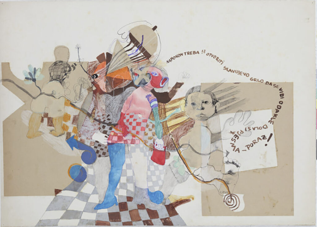 Nives Kavuric-Kurtovic, With Our Throats against Singing, 1966, mixed media on cardboard.