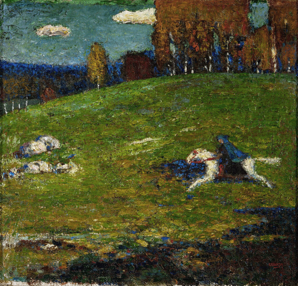 wassily Kandinsky abstract paintings: Wassily Kandinsky, Der Blaue Reiter (The Blue Rider), 1903, private collection, Zürich, Switzerland. Wikimedia Commons (public domain).
