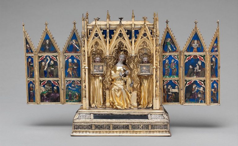 medieval portable shrines: Jean de Touyl (attr.), Reliquary shrine, 1325-1350, French, gilded silver, translucent enamel, paint, Metropolitan Museum of Art, New York, NY, USA.
