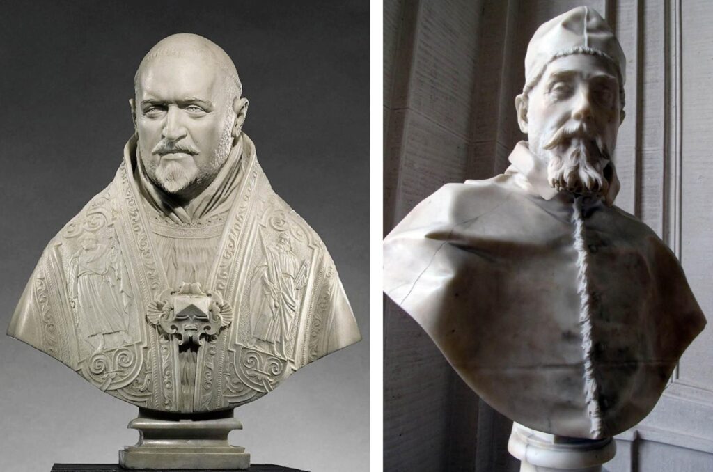Gian Lorenzo Bernini: Left: Gian Lorenzo Bernini, Bust of Pope Paul V, 1621, J. Paul Getty Museum, Los Angeles, CA, USA. Web Gallery of Art; Right: Bust of Pope Urban VIII, 1632–1633, Palazzo Barberini, Rome, Italy. Web Gallery of Art.

