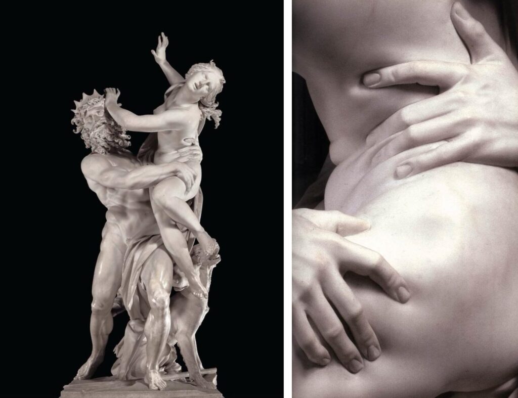 Left: Gian Lorenzo Bernini, Rapt of Proserpina, 1621–1622, Galleria Borghese, Rome, Italy. Right: Gian Lorenzo Bernini, Rapt of Proserpina (detail), 1621–1622, Galleria Borghese, Rome, Italy. 