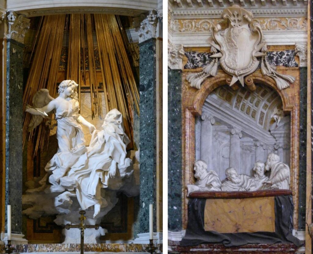 Left: Gian Lorenzo Bernini, Ecstasy of Saint Teresa, 1647–1652, Santa Maria della Vittoria, Rome, Italy. Right: Gian Lorenzo Bernini, Loggia of the Founders, 1647–1652, Santa Maria della Vittoria, Rome, Italy. 