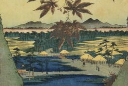 Utagawa Hiroshige maple trees: Utagawa Hiroshige, Maple Trees at Mama, Tekona Shrine and Tsugi Bridge, One Hundred Famous Views of Edo, 1857, ink on paper, Van Gogh Museum, Amsterdam, Netherlands. Detail.