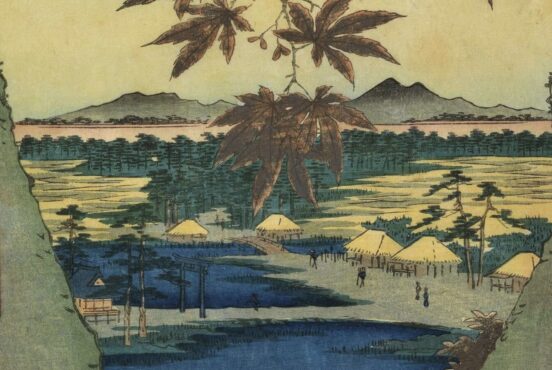 Utagawa Hiroshige maple trees: Utagawa Hiroshige, Maple Trees at Mama, Tekona Shrine and Tsugi Bridge, One Hundred Famous Views of Edo, 1857, ink on paper, Van Gogh Museum, Amsterdam, Netherlands. Detail.