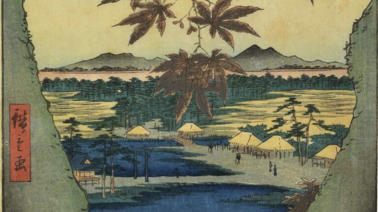 Utagawa Hiroshige maple trees: Utagawa Hiroshige, Maple Trees at Mama, Tekona Shrine and Tsugi Bridge, from One Hundred Famous Views of Edo, 1857, Van Gogh Museum, Amsterdam, Netherlands. Detail.
