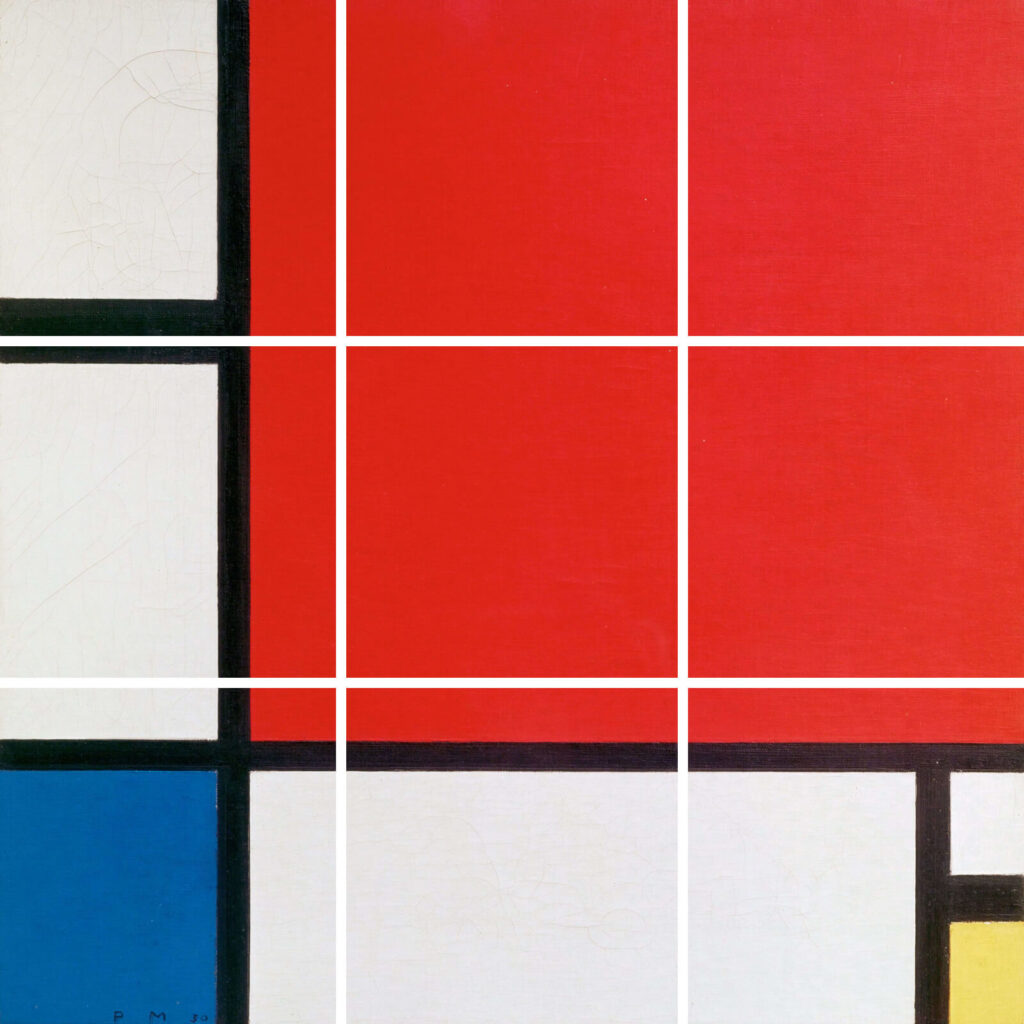 Piet Mondrian's Composition: Split Composition of Nine Squares. Piet Mondrian, Composition with Red, Blue and Yellow, 1930, Kunsthaus Zürich, Switzerland. Detail. Wikimedia Commons (public domain).
