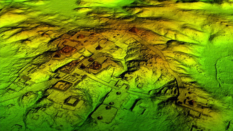 lidar: Lidar view of Mayan ruins of Tikal, Guatemala. Bare-earth DEM colored by elevation. Wild Blue Media/ Channel 4.
