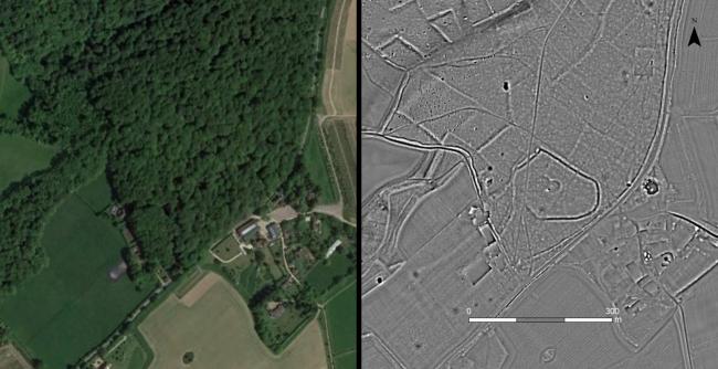 lidar: Ariel photo of Greenfield Copse, near Wallingford alongside LiDAR image showing the digital terrain model of the bare earth which allows the detection of archeology. Left: Google Earth view; Right: LiDAR image © Chilterns Conservation Board.
