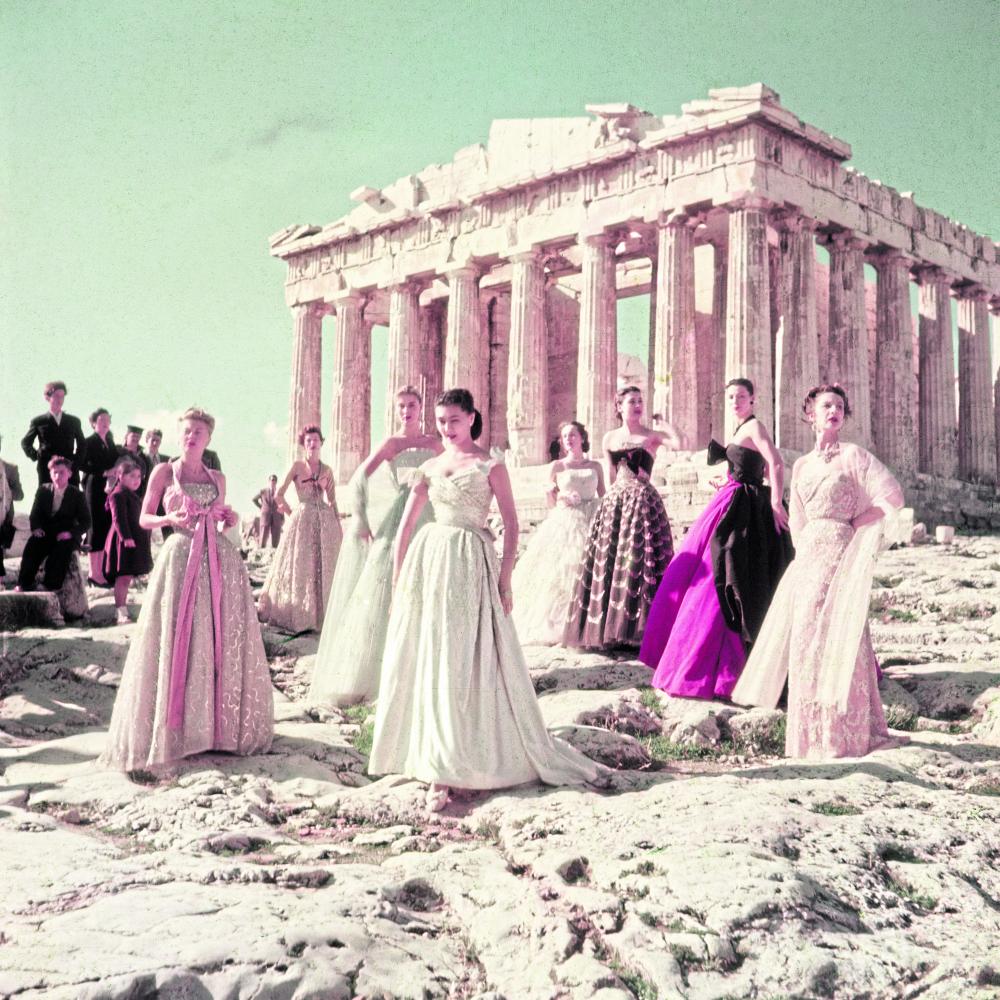 dior greece: Jean-Pierre Pedrazzini, Campaign for Dior Haute Couture Autumn-Winter 1951 featuring Parthenon, Athens, Greece. Bangkok Post.
