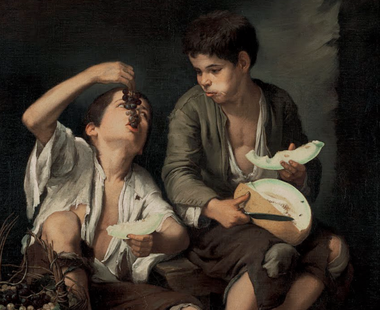 Bartolomé Esteban Murillo: Bartolomé Esteban Murillo, Children Eating Grapes and a Melon, c. 1650, Alte Pinakothek, Munich, Germany. Google Arts & Culture. Detail.
