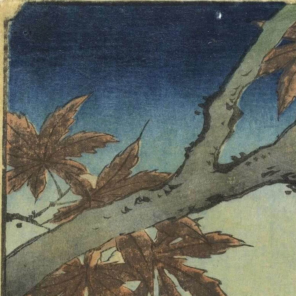 Utagawa Hiroshige, Maple Trees at Mama, Tekona Shrine and Tsugi Bridge, One Hundred Famous Views of Edo, 1857, ink on paper, Van Gogh Museum, Amsterdam, Netherlands. Detail.