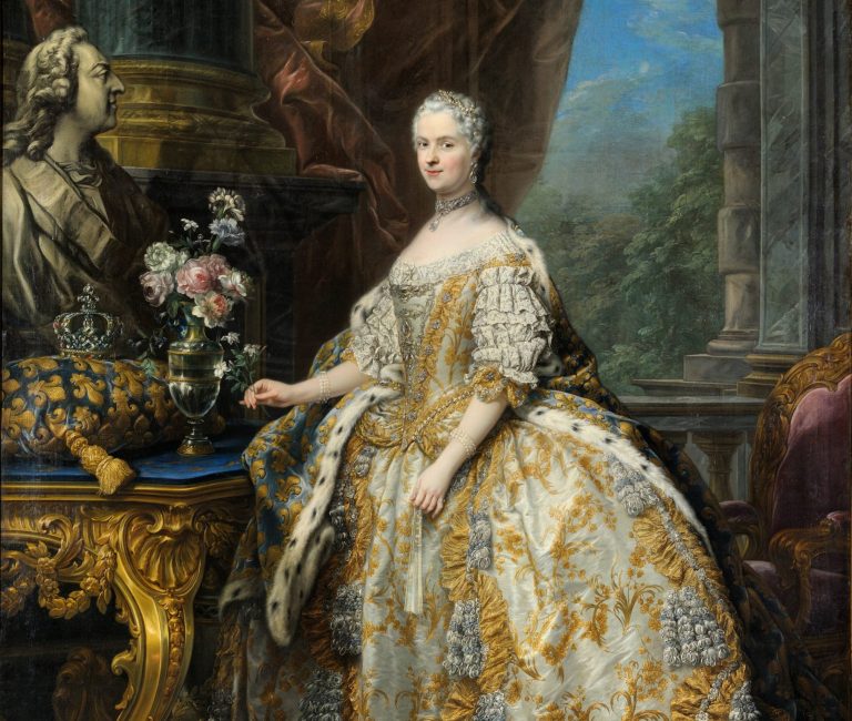 18th century fashion: Charles-André van Loo, Marie Leszczinska, Queen of France, 1747, Palace of Versailles, Versailles, France. Detail.
