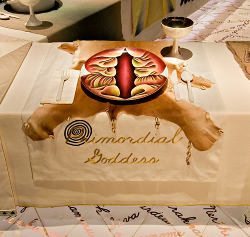 Dinner Party judy chicago: Judy Chicago, Primordial Goddess at the Dinner Party, 1974-1979, Elizabeth A. Sackler Center for Feminist Art at the Brooklyn Museum, New York, NY, USA. Detail.
