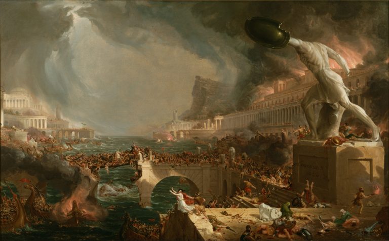 Roman empire fall painting: Fall of the Roman Empire in painting: Thomas Cole, The Course of Empire, Destruction, 1836, The Metropolitan Museum of Art, New York, NY, USA. Wikimedia Commons (public domain).
