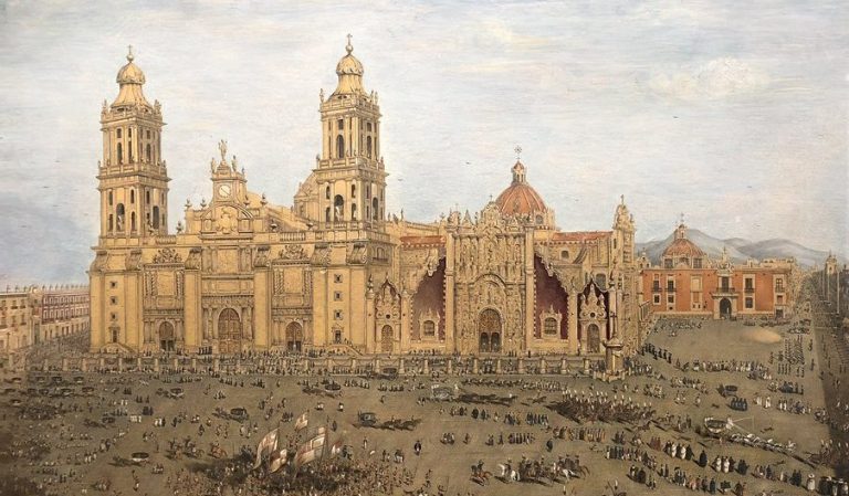 traveling artists mexico: Octaviano d’Alvimar, View of the Major Plaza of Mexico, 1822, private collection. Twitter. Detail.
