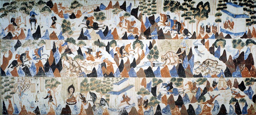 Cats in Chinese Art: Prince Mahasattva Jataka Tale Mural, Mogao Cave 428, Northern Zhou, 557–581 CE, Dunhuang, China.  Dunhuang Academy.
