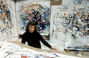 Joan Mitchell: Joan Mitchell in her studio, September 1956, Paris, France. Photographed by Loomis Dean. Detail.

