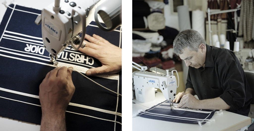 dior greece: Myrto Papadopoulos, Campaign for Dior Cruise 2022 Collection; Greek artisan Aristeidis Tzonevrakis working on embroidery with Christian Dior logo. Dior’s website.
