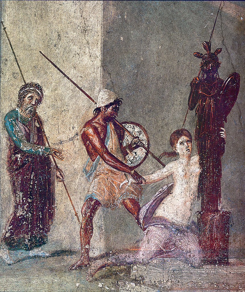 queens classical history: Queens from Classical History: Cassandra clings to the Xoanon while Ajax the Lesser is about to drag her away in front of her father Priam (standing on the left), Roman fresco from the atrium of the Casa del Menandro, Pompeii, Italy. Wikimedia Commons (public domain).
