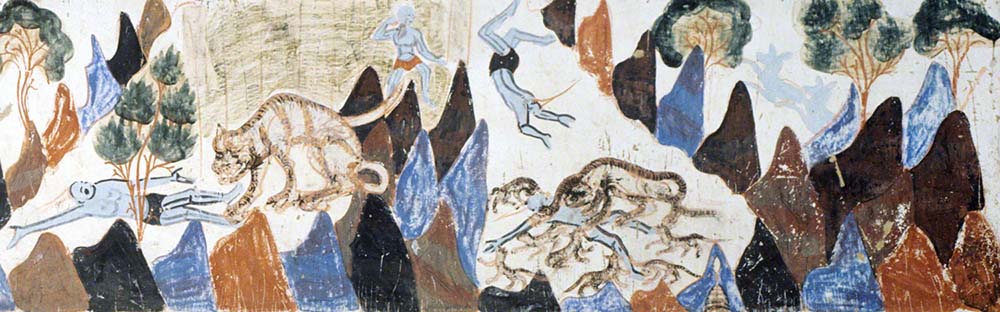 Cats in Chinese Art: Prince Mahasattva Jataka Tale Mural, Mogao Cave 428, Northern Zhou, 557–581 CE, Dunhuang, China.  Dunhuang Academy. Detail.
