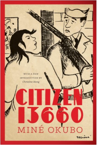 An illustrated book cover with red border and title "Citizen 13660" in red text. A Japanese-American woman passes by an armed soldier.