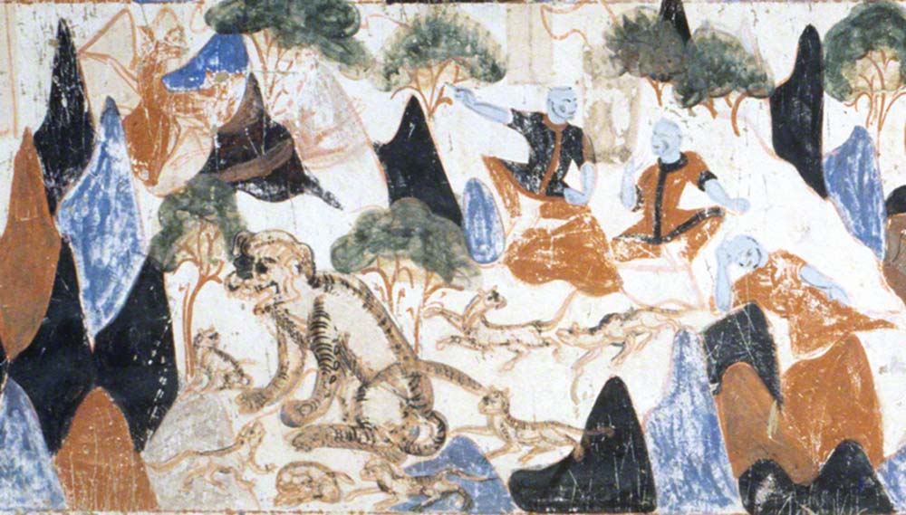 Cats in Chinese Art: Prince Mahasattva Jataka Tale Mural, Mogao Cave 428, Northern Zhou, 557–581 CE, Dunhuang, China. Dunhuang Academy. Detail.

