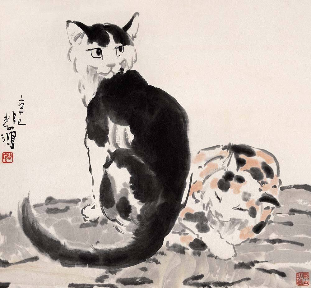 cats in chinese art: Xu Beihong, Cat, ink painting.