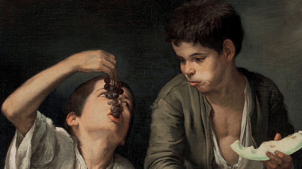 Bartolomé Esteban Murillo: Bartolomé Esteban Murillo, Children Eating Grapes and a Melon, c. 1650, Alte Pinakothek, Munich, Germany. Google Arts & Culture. Detail.
