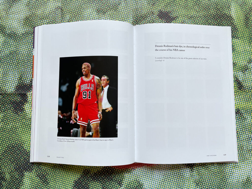 Color Scheme by Edith Young: Dennis Rodman’s hair dye in chronological over the course of his NBA career. In: Color Scheme by Edith Young, Princeton Architectura Press, 2021. Photo by the author.
