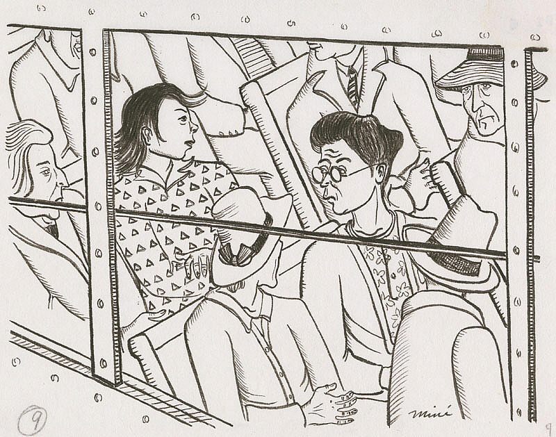 Miné Okubo, Receiving hostile looks while traveling by bus, Berkeley, California, 1941-42, Japanese American National Museum, Los Angeles, CA, USA.
