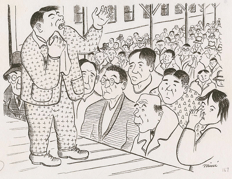 Miné Okubo: Miné Okubo, Meeting to discuss military recruitment, Central Utah Relocation Center, Topaz, Utah, 1942-1944, Japanese American National Museum, Los Angeles, CA, USA.
