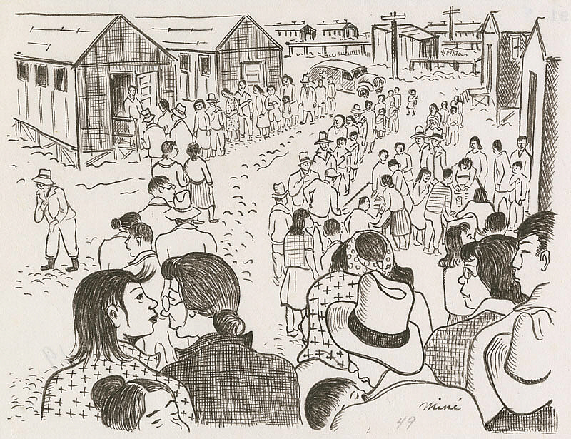 Miné Okubo: Miné Okubo, Waiting in line to receive vaccinations, Tanforan Assembly Center, San Bruno, California, 1942, Japanese American National Museum, Los Angeles, CA, USA.
