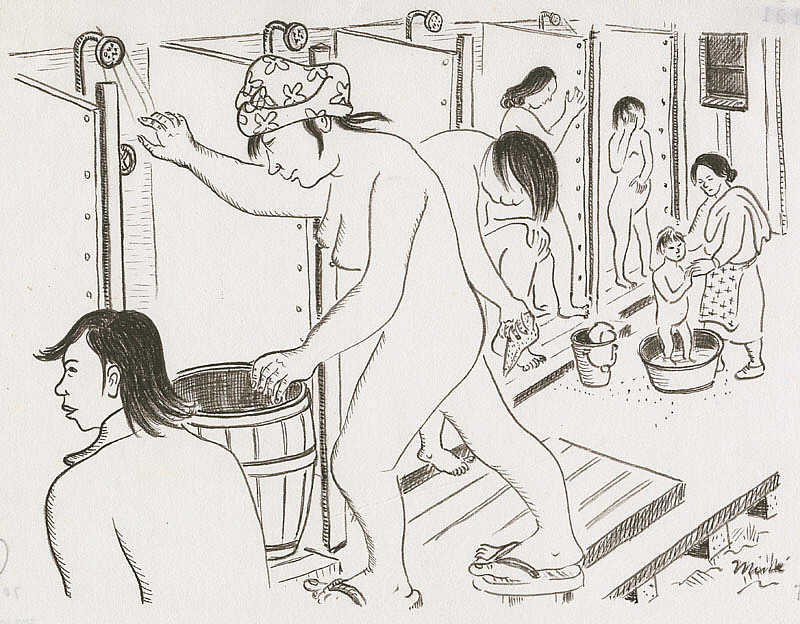 Miné Okubo: Miné Okubo, Community showering, Tanforan Assembly Center, San Bruno, California, 1942, Japanese American National Museum, Los Angeles, CA, USA.
