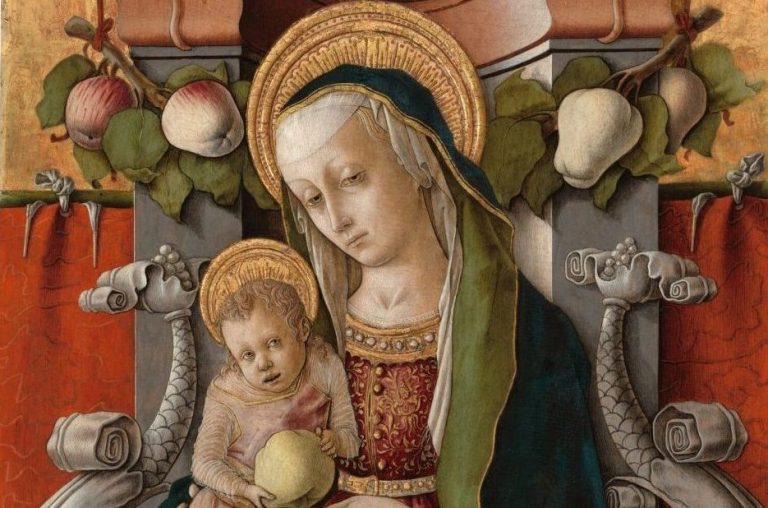Pears in Art: Carlo Crivelli, Madonna and Child Enthroned with Donor, 1470, National Gallery of Art, Washington, DC, USA. Detail.
