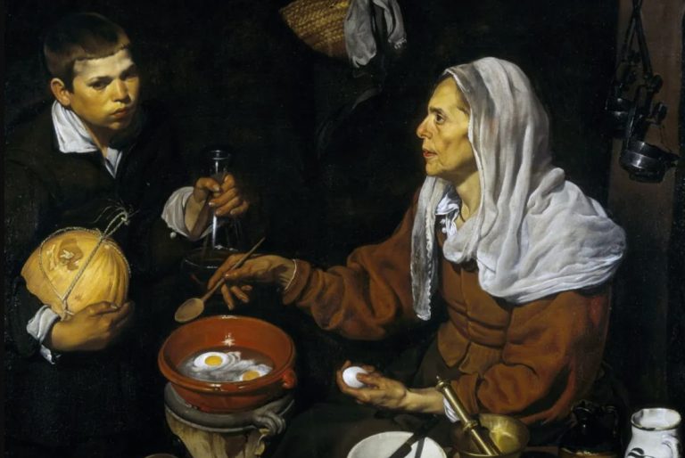 spanish bodegones: Diego Velázquez, Old Woman Frying Eggs, 1618, The National, National Galleries Scottland, Edinburgh, UK. Detail.
