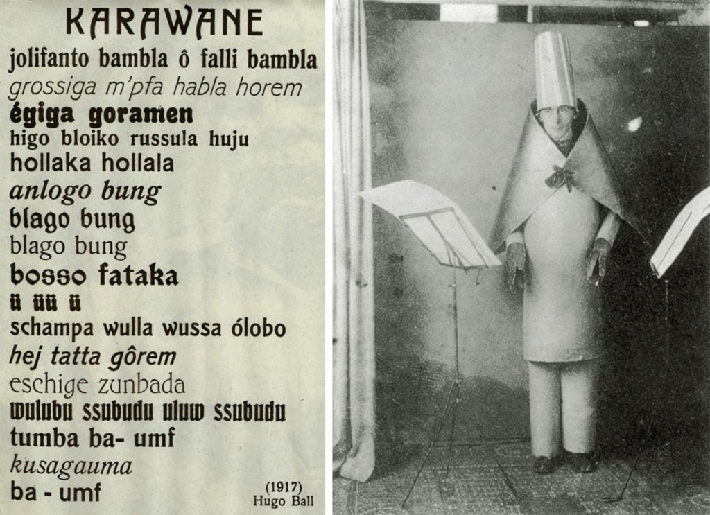 myths about Dada: Left: reproduction of the poem Karawane by Hugo Ball. Right: photograph of Hugo Ball reciting the poem, 1916. Artland.
