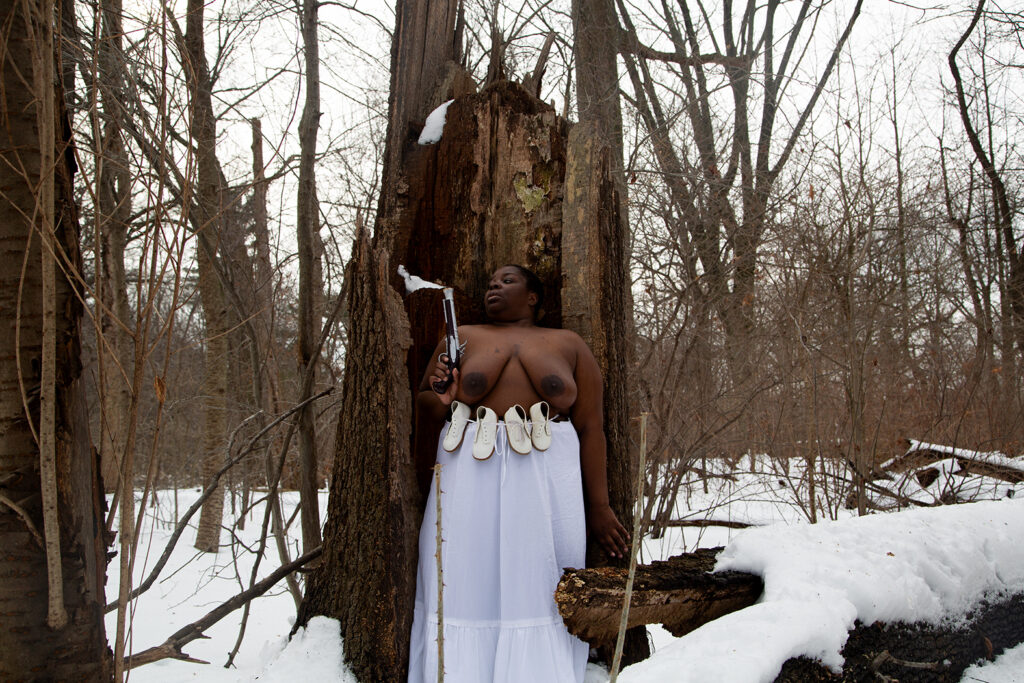 Nona Faustine, ‘Lobbying The Gods For A Miracle’, Prospect Park, Brooklyn, NY, 2016, from White Shoes (MACK, 2021). Courtesy the artist and MACK.